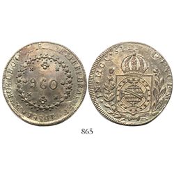 Brazil (Rio mint), 960 reis, Pedro I, 1824-R, struck over a Guadalajara, Mexico, 8 reales, 1821JM.