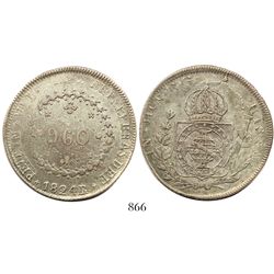 Brazil (Rio mint), 960 reis, Pedro I, 1824-R, struck over a Zacatecas, Mexico, 8 reales, 1821RG.