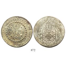 Brazil (Rio mint), 960 reis (large digits, rare), Pedro I, 1825-R, struck over a Spanish or Spanish