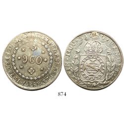 Brazil (Rio mint), 960 reis, Pedro I 1826-R, struck over a Zacatecas, Mexico, 8 reales, 1821RG.