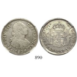 Santiago, Chile, bust 2 reales, Ferdinand VII transitional (bust of Charles IV), 1809FJ, encapsulate