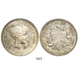 Cuba, "souvenir" peso, 1897, wide date, PAT. 97 on truncation, encapsulated NGC MS 62.