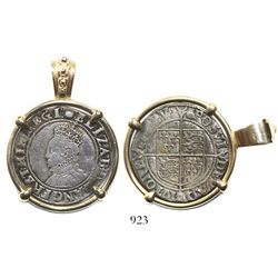 London, England, shilling, Elizabeth I, fifth issue, mintmark tun (1591-5), mounted in 14K gold pend