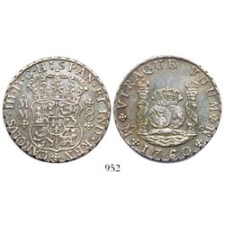 Mexico City, Mexico, pillar 8 reales, Charles III, 1760MM, with CAROLVS struck over FERDND (rare var