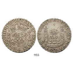 Mexico City, Mexico, pillar 8 reales, Charles III, 1761MM, tip of cross under I (rare variety), with