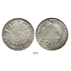 Oaxaca, Mexico, cap-and-rays 8 reales, 1861FR, mintmark O with A in center, encapsulated NGC AU 55,