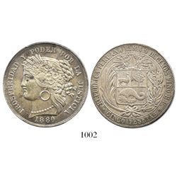 Lima, Peru, 5 pesetas, 1880BF, B with dot below wreath, encapsulated PCGS MS62 Secure Shield.