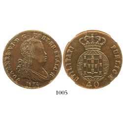 Portugal, bronze 40 reis, Joao VI, 1824, encapsulated NGC AU 55 BN, finest known in NGC census.