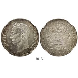 Venezuela (struck in Paris), (5 bolivares), 1911, wide date, encapsulated NGC AU 58, finest and only
