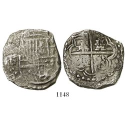 Potosi, Bolivia, cob 8 reales, Philip III, assayer T, upper half of shield and quadrants of cross tr