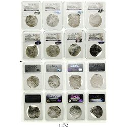 Lot of 8 Mexico City, Mexico, cob 8 reales, Philip II and III, assayers F or D where visible, all Gr