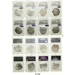 Lot of 8 Mexico City, Mexico, cob 8 reales, Philip II and III, assayers F or D where visible, all Gr