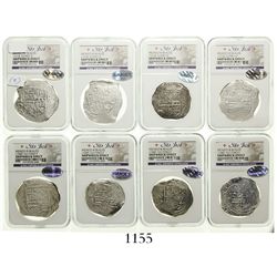Lot of 8 Mexico City, Mexico, cob 8 reales, Philip II and III, assayers F or D where visible, all Gr