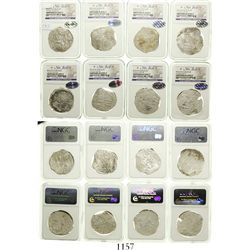 Lot of 8 Potosi, Bolivia, cob 8 reales, Philip II and III, assayers B, R, Q, M and T, all Grade 2.