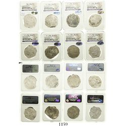 Lot of 8 Potosi, Bolivia, cob 8 reales, Philip II and III, assayers B, R, Q, M and T, all Grade 2.