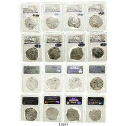 Lot of 8 Potosi, Bolivia, cob 8 reales, Philip II and III, assayers B, R, Q, M and T, all Grade 2.