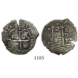 Potosi, Bolivia, cob 2 reales, 1672E.