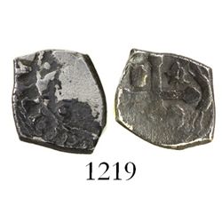 Mexico City, Mexico, cob 1/2 real, Philip V, assayer not visinbe (J), denomination as "o" (rare).