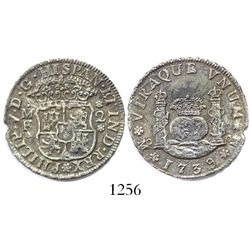 Mexico City, Mexico, pillar 2 reales, Philip V, 1739MF, small date.