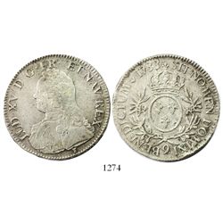 France (Rennes mint), ecu, Louis XV, 1733, mintmark 9.