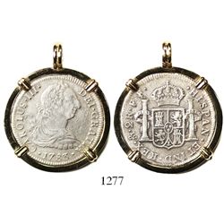 Mexico City, Mexico, bust 2 reales, Charles III, 1783FF, mounted in 14K gold pendant-bezel.