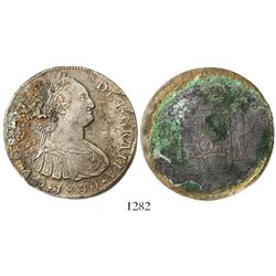 Lima, Peru, bust 8 reales, Charles IV, 1800(IJ), partially uncleaned.