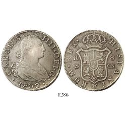 Seville, Spain, bust 8 reales, Charles IV, 1802CN.