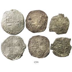 Lot of 3 Potosi, Bolivia, shield-type cob 8R, Philip III, assayers not visible, from various wrecks,