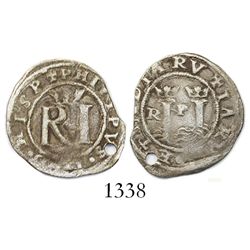 Lima, Peru, 1/2 real, Philip II, assayer Rincon, R to left, legends HISP / IARVM…INDIARV.