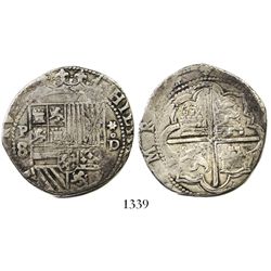 Lima, Peru, cob 8 reales, Philip II, assayer Diego de la Torre, P-8 (round top) to left, *-oD to rig