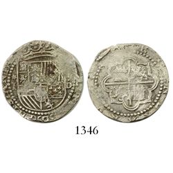 Lima, Peru, cob 1 real, Philip II, assayer Diego de la Torre, *-I to left, P-dot-D to right.