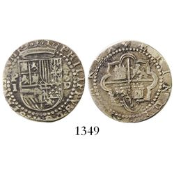 Lima, Peru, cob 1 real, Philip II, assayer Diego de la Torre, P-I to left, *-oD to right.