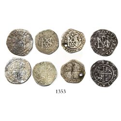 Lot of 4 Lima, Peru, cob 1/2R, Philip II, assayer Diego de la Torre, all different varieties.