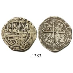 Potosi, Bolivia, cob 2 reales, Philip II, assayer B (5th period), borders of x's.