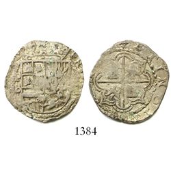 Potosi, Bolivia, cob 2 reales, Philip II, assayer B (5th period), borders of x's.