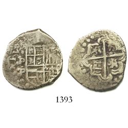 Potosi, Bolivia, cob 2 reales, Philip IV, assayer P (mid-1620s), quadrants of cross transposed.