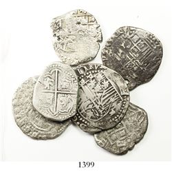 Lot of 6 Potosi, Bolivia, cob 2R, Philip II through Philip IV, various assayers (where visible).