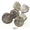 Image 1 : Lot of 6 Potosi, Bolivia, cob 1/2R, Philip II through Philip V (some pillars-and-waves type), variou