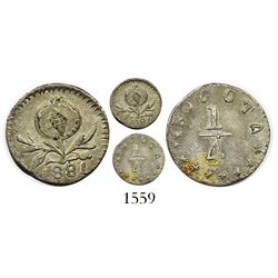 Bogota, Colombia, 1/4 decimo, 1881, re-punched pomegranate with seeds near edge.