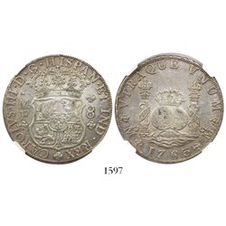 Mexico City, Mexico, pillar 8 reales, Charles III, 1763MF, encapsulated NGC AU details / surface hai