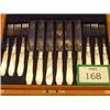 Image 1 : Twelve silver plated dessert knives and forks with mother of pearl handles in an oak case, with k...
