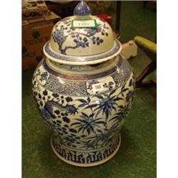 Antique oriental blue and white lidded pot, damage to rim, approx. 26" high £100 - 200...