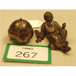 Small 19th century bronze oriental figure, 3.5" long and small cloisonne lidded pot £80 - 120...