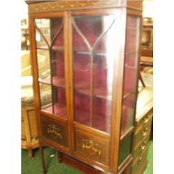 Edwardian mahogany display cabinet on tapering inlaid legs with astral glazed doors, painted Adam...