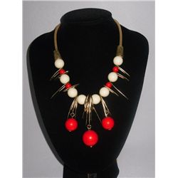 454CTW WHITE-RED GUMBALLS BRASS NECKLACE;18INCH