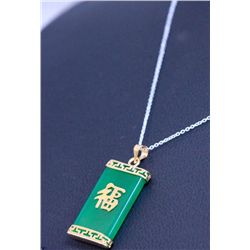 GREEN JADE YELLOW BRASS PENDANT WITH SILVER CHAIN