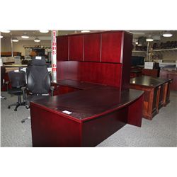 MAHOGANY BOWFRONT 6' EXECUTIVE L SHAPED DESK C/W HUTCH