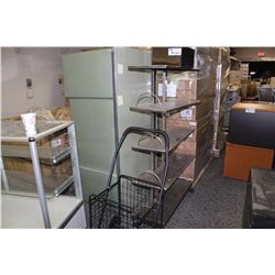 RETRO DESK, CHROME 5 TIER DISPLAY CASE AND MOBILE CART