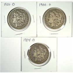 3 NEW ORLEANS MINT MORGAN DOLLARS 1900-O, 01-O, 04-O