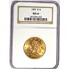 Image 1 : 1882 $10.00 GOLD LIBERTY, NGC MS-64  RARE DATE, LIST FOR $2500.00  SUPER NICE